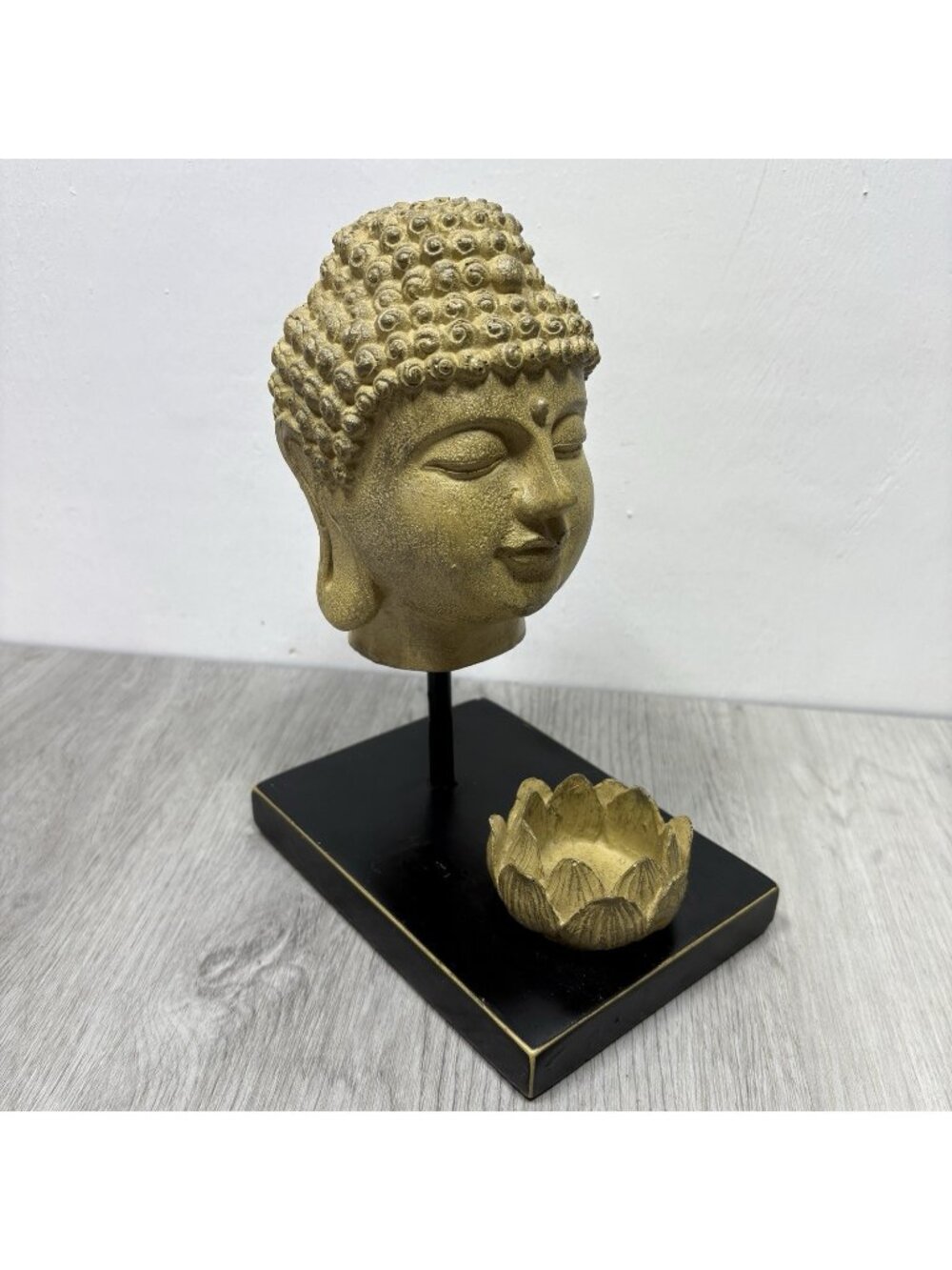 Buddha Head Sculpture Set w/Lotus Tealight Candle Holder Tan Black 9" Tall